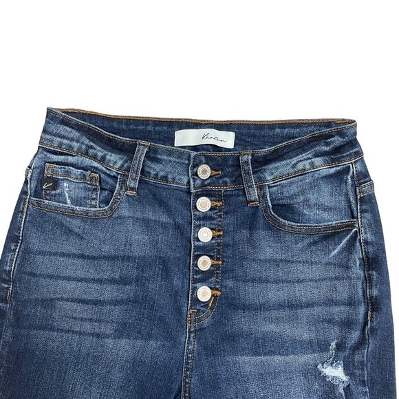 KANCAN JEANS BUTTON FLY HIGH RISE SKINNY DISTRESSED SIZE 5 / 26 ANKLE DARK WASH - Picture 9 of 11